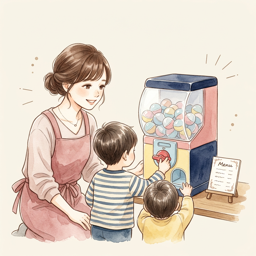 お母さんと兄弟が、家のガチャガチャで遊んでいる水彩イラスト
