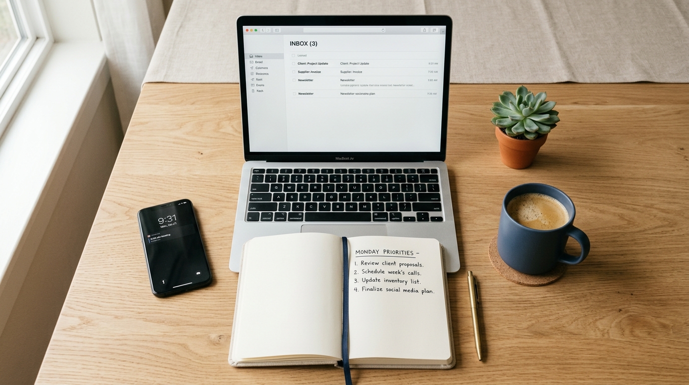 A clean overhead flat-lay of a small business owner's Monday morning desk: an open laptop, a notebook with handwritten priorities, a smartphone, a coffee cup, and a small succulent plant