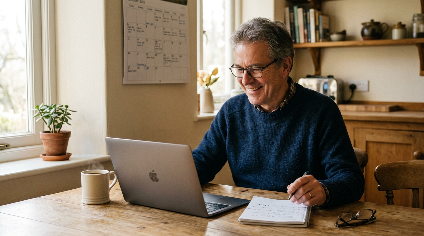 A small business owner sitting at a sunlit kitchen table with a laptop and a notebook, smiling calmly as he reviews his week