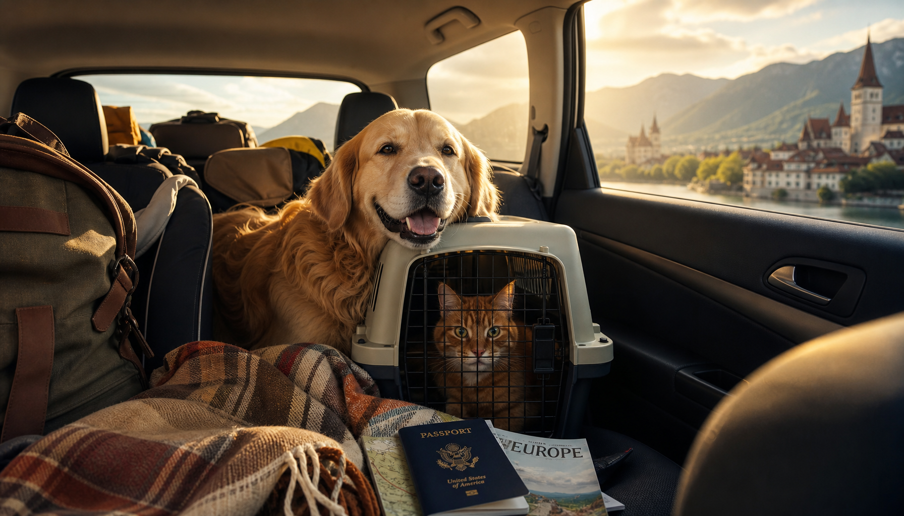 Dog and cat together in a car ready for a European road trip