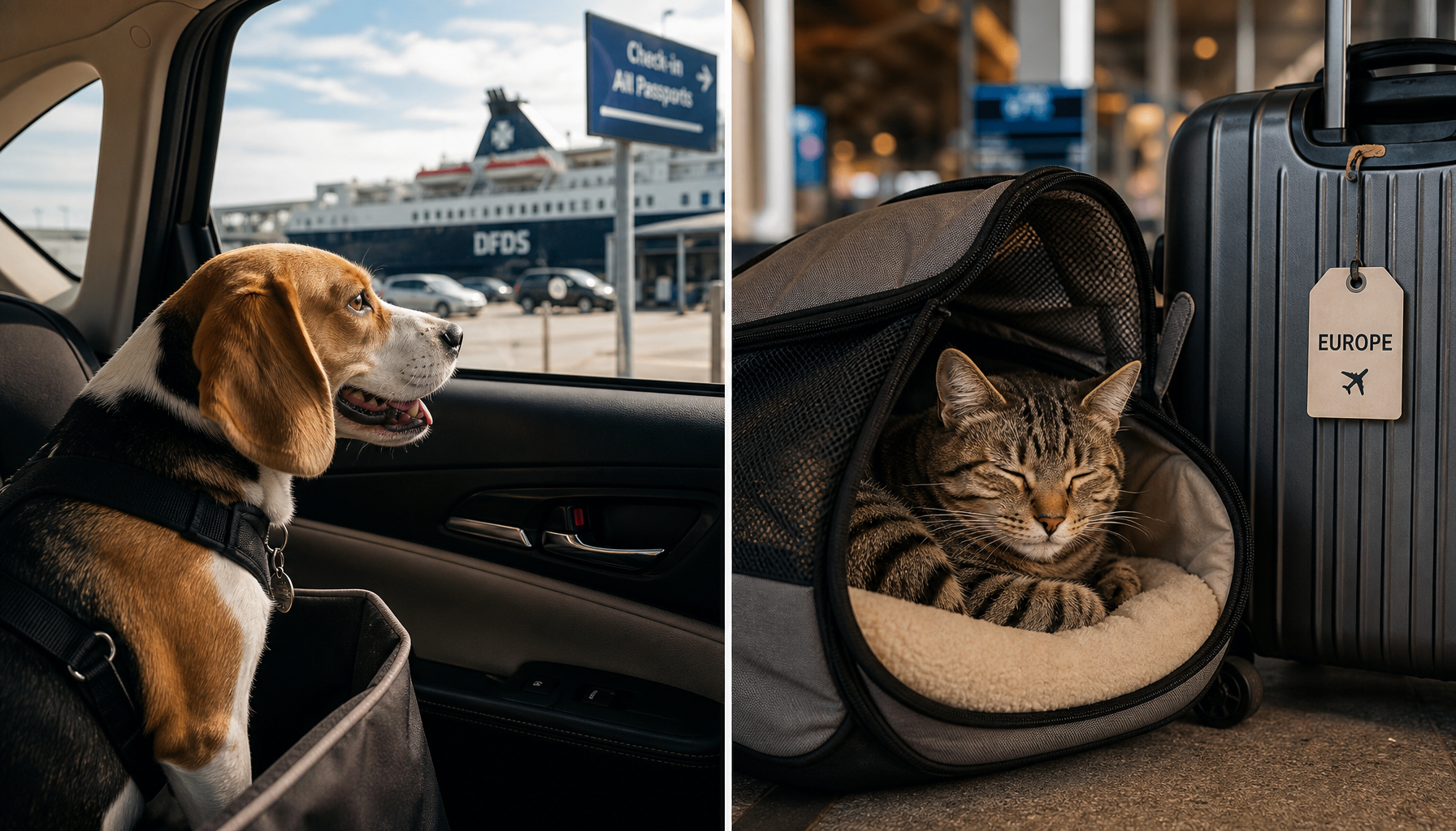 Dog looking out car window at ferry port, and cat resting in travel carrier ready for European holiday