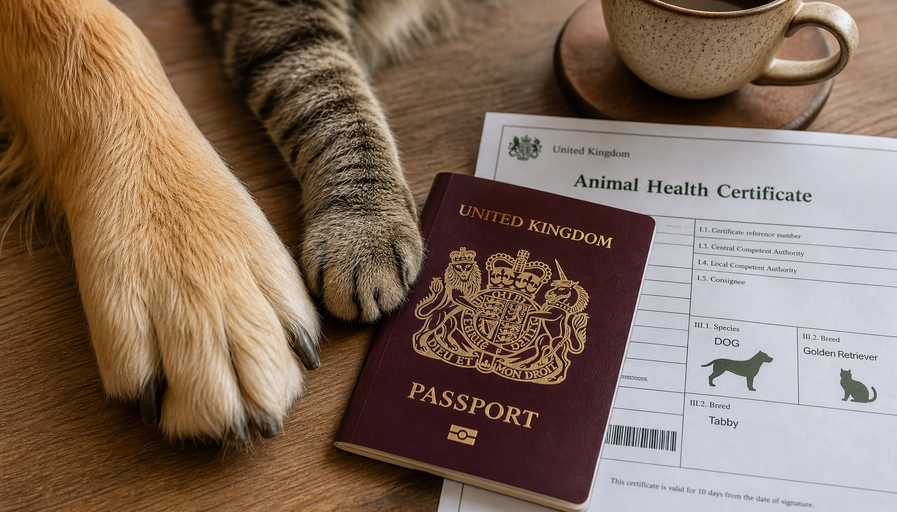 British passport and Animal Health Certificate documents alongside a dog paw and cat paw