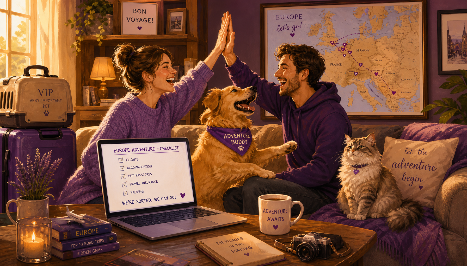 Happy couple celebrating with their dog and cat, ready for a European trip