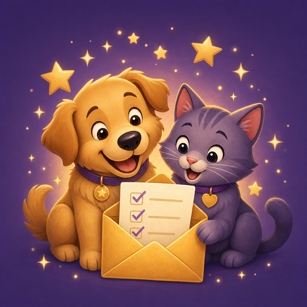 Dog and cat with envelope and checklist