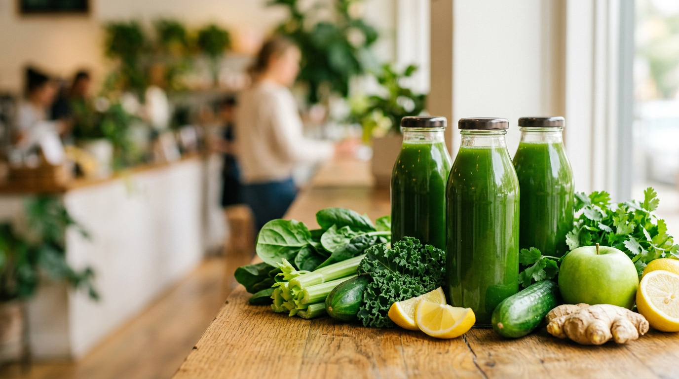 Fresh cold-pressed green juice at The Green Light in Hingham, MA